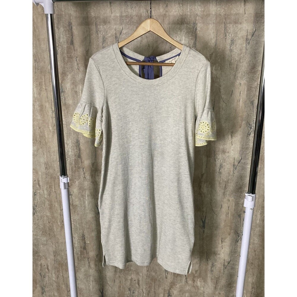 Mystree Beige 100% Cotton Embroidered Flare Sleeve Knit Dress Sz Small Bohemian